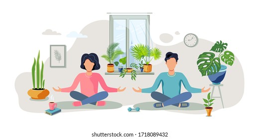 A man and a woman are sitting in a meditative pose at green home. Home gardening, urban jungle, house plant concept. Balanced and healthy lifestyle. Flat cartoon style design vector illustration.