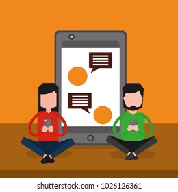 man and woman are sitting near big smartphone and using their own mobile texting message