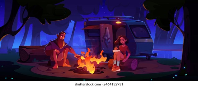 Man and woman sitting near bonfire in forest at night. Cartoon vector illustration of dark dusk woodland landscape with couple in campsite. Male and female characters near fire during travel on van.