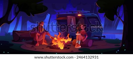 Man and woman sitting near bonfire in forest at night. Cartoon vector illustration of dark dusk woodland landscape with couple in campsite. Male and female characters near fire during travel on van.