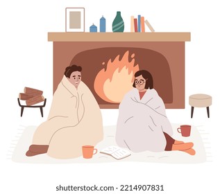 Man and woman sitting near fireplace wrapped in blankets. Warming up on cold winter day. Energy crisis. Economy of gas. Cozy home. Hot drinks. Web. Cartoon flat vector illustration. Unheated house.