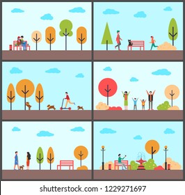 Man and woman sitting on bench park in autumn vector. Family spending sunny day, couple walking dog, male riding scooter. Pets with owners strolling