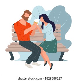 Man and woman sitting on bench, eating ice cream. Boyfriend and girlfriend on date tasting gelato, family summer weekend activities. Friends enjoying frozen dessert, brother and sister, vector