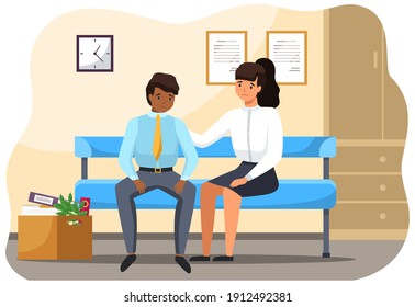 Man and woman sitting on the bench in office upset business people in sad feeling and emotional concept. A colleague consoles a frustrated employee. Problems at work and in career, staff reduction