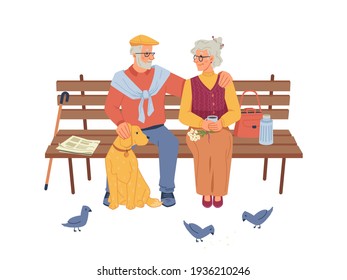 Man And Woman Sitting On Bench And Hugging. Vector Senior Woman Drinking Tea, Elderly Person With Dog Animal Pet. Pensioners On Sit, Cheerful Grandparents, Old Generation People Relaxing Together