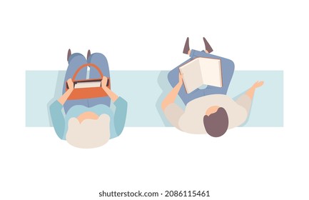 Man and Woman Sitting on Bench Top View Vector Illustration