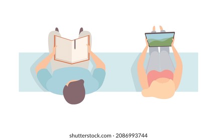 Man and Woman Sitting on Bench Top View Vector Illustration