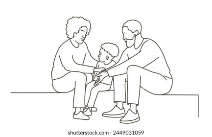A man and a woman are sitting on a bench with a child in between them. Concept of warmth and affection between the family members. Hand drawn vector illustration. Black and white.