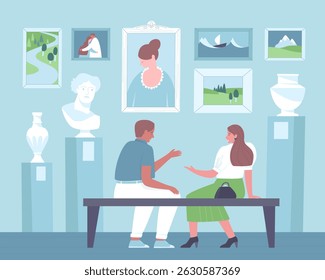 Man and woman sitting on a bench in a museum. Couple looking at exhibits in a museum. Discussing paintings in a museum. Flat vector illustration.
