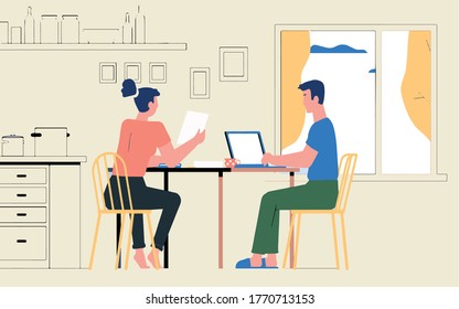 a man and a woman are sitting on a chair at the kitchen table, the man is working on the computer, the lady is looking at a document, the window in which clouds can be seen in the sky,vector,cartoon,
