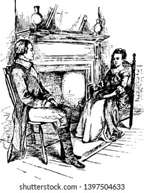 A man and woman sitting on chairs near fireplace and talking vintage line drawing or engraving illustration