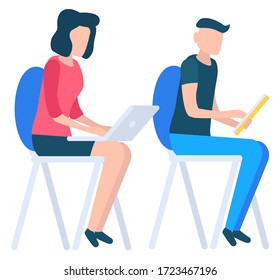 Man and woman sitting on chairs and using electronic devices. Lady with modern laptop typing on keyboard. Guy with yellow tablet in hands. People isolated on white background vector illustration