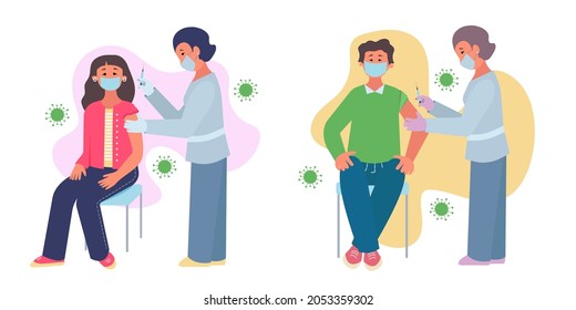 Man and woman sitting on chairs and having vaccination procedure. Young adult patients man and woman vaccination concept. Nurses are vaccinating patients. Flat cartoon vector illustration.