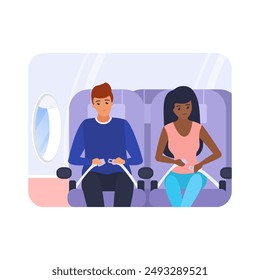 Man and woman sitting on chairs of airplane together, passengers fastening seat belts vector illustration