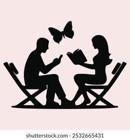 A man and a woman are sitting on chairs and reading books. The man is reading a book on his phone while the woman is reading a book. Concept of relaxation and leisure