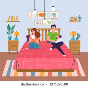 Man, woman sitting on the couch with notebook and smartphone. Interior space bedroom. Vector flat illustration