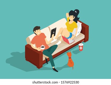 Man and woman sitting on the couch with devices. Isometry. Vector illustration.