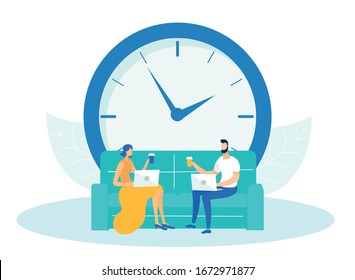 Man and Woman Sitting on Couch or Sofa and Working on Laptop Flat Cartoon Vector Illustration. Collegues Drinking Takeaway Coffee with Huge Clock on Background. Deadline Concept. Time Menagement.