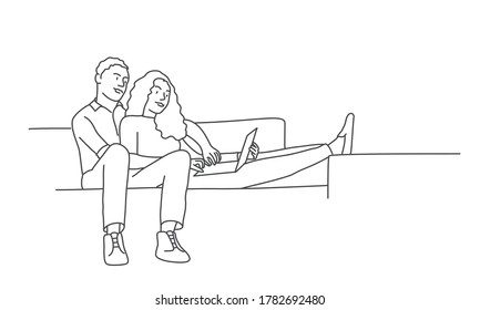 Man and woman sitting on the couch and using laptop. Line drawing vector illustration.