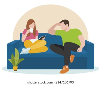 Man and woman sitting on the couch. A man looks at a woman sitting, drinking coffee and reading a magazine. Flat design. Vector illustration on white background