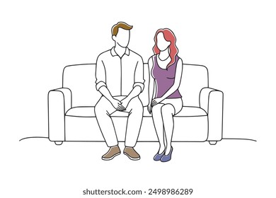 A man and woman sitting on a couch in a living room Hand drawn offset fill with doodle illustration