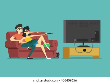 homem e mulher sentados em um sofá e assistindo TV. Ilustração vetorial.