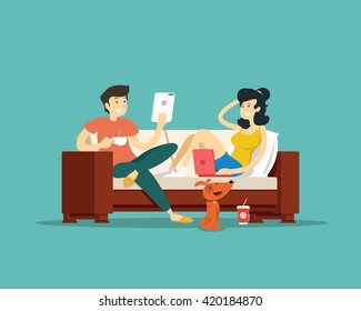 Man and woman sitting on the couch with devices. Vector illustration.