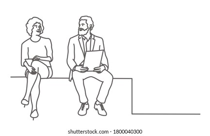 Man and woman sitting on a cube together. Couple discussing work. Line drawing vector illustration.