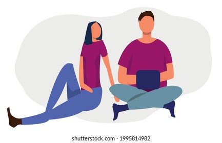 Man and woman sitting on the floor and work together. Vector illustration.