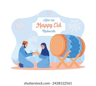 Mann und Frau sitzen auf dem Boden. Schüttelt euch die Hände und vergebt einander! Happy Eid Mubarak Konzept. flache Vektor moderne Illustration 