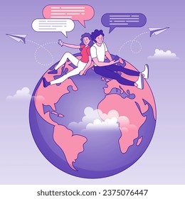 Man and woman sitting on a globe using cell phones. Social network and teamwork concept. people chat bubbles mobile application communication speech dialogue. Flat design modern vector illustration.