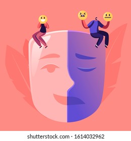 Man and Woman Sitting on Huge Mask Separated on Opposite Emotions with Smiling and Sad Crying Parts. Male Female Characters Cover Face with Smiles. Hypocrisy Concept Cartoon Flat Vector Illustration