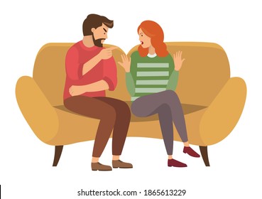 A man and a woman are sitting on a large yellow sofa. A couple of people quarrels sitting on the couch. Angry man points finger and yells at girl. Redhead girl is raising her hands in indignation