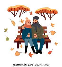 Man and woman sitting on a park bench.Characters are holding coffee and talking, smiling at each other. Falling autumn leaves and trees in the environment.Vector flat cartoon illustration background.
