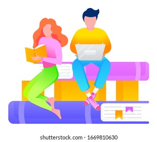 Man and woman sitting on pile of books, obtaining knowledge. Male and female characters learn new skills. Students preparing for examination in university. Workers searching info vector illustration