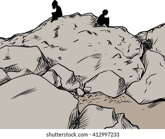 Man and woman sitting on rocks not facing each other