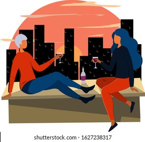 A man and a woman are sitting on the roof of the building, drinking wine and watching the sunset. Illustration in a flat style.