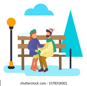 Man and woman sitting on snowy bench in winter park. Lovers romantic day outdoor near fir-tree and lamp symbol. Leisure or dating of male and woman in frost season and cloudy sky outside vector