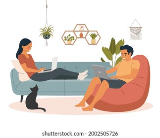 Man and woman sitting on the sofa and chair  with laptops. Сat is standing next to the sofa. Vector flat illustration