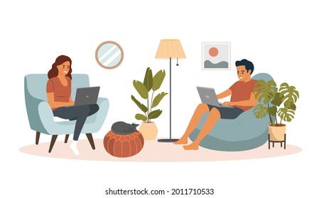 Man and woman sitting on the sofa and chair  with laptops. Сat is standing next to the sofa. Vector flat illustration