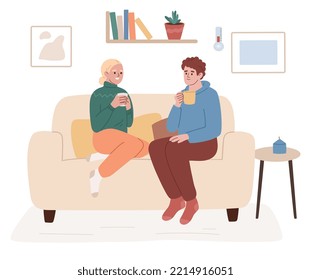 Man and woman sitting on the sofa wearing warm clothes. Warming up on cold day. Hot drinks. Thermometer on the wall. Energy crisis. Economy of gas. Cozy home. Web. Cartoon flat vector . Unheated house