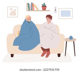 Man and woman sitting on the sofa covered with blankets. Freezing at home. Warming up on cold day. Hot drinks. Thermometer on the wall. Energy crisis. Economy of gas.Cartoon flat vector 