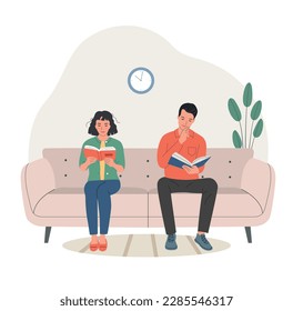 Man and woman sitting on the sofa  with books. Vector flat style illustration