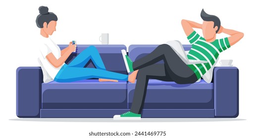 Man and woman sitting on sofa with notebook and smartphone. Boy with laptop and girl using phone sitting on couch. Freelance couple work from home. Online education, learning. Flat vector illustration