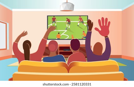 A man and a woman are sitting on a sofa in the living room and watching a football match on TV. Interior with sofa and TV.
 Vector cartoon style.