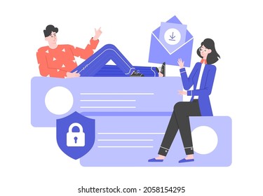 Un hombre y una mujer están sentados en burbujas de palabras. Mensajería segura en línea, protección de archivos adjuntos frente a virus y amenazas de hackers. Ciberseguridad en chats. Ilustración plana vectorial.