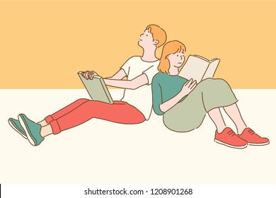 A man   woman are sitting their backs   reading book  hand drawn style vector design illustrations 