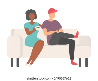 Man and woman sitting on white sofa and drinking coffee. People in reception room on comfortable couch with hot beverage, cartoon afro-american lady