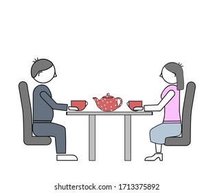 a man with a woman are sitting over a cup of tea. romantic relationship. flat design. vector illustration.