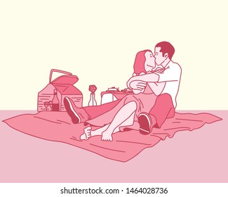 A man and a woman are sitting in the park, spreading their mat and romantically kissing. hand drawn style vector design illustrations. 